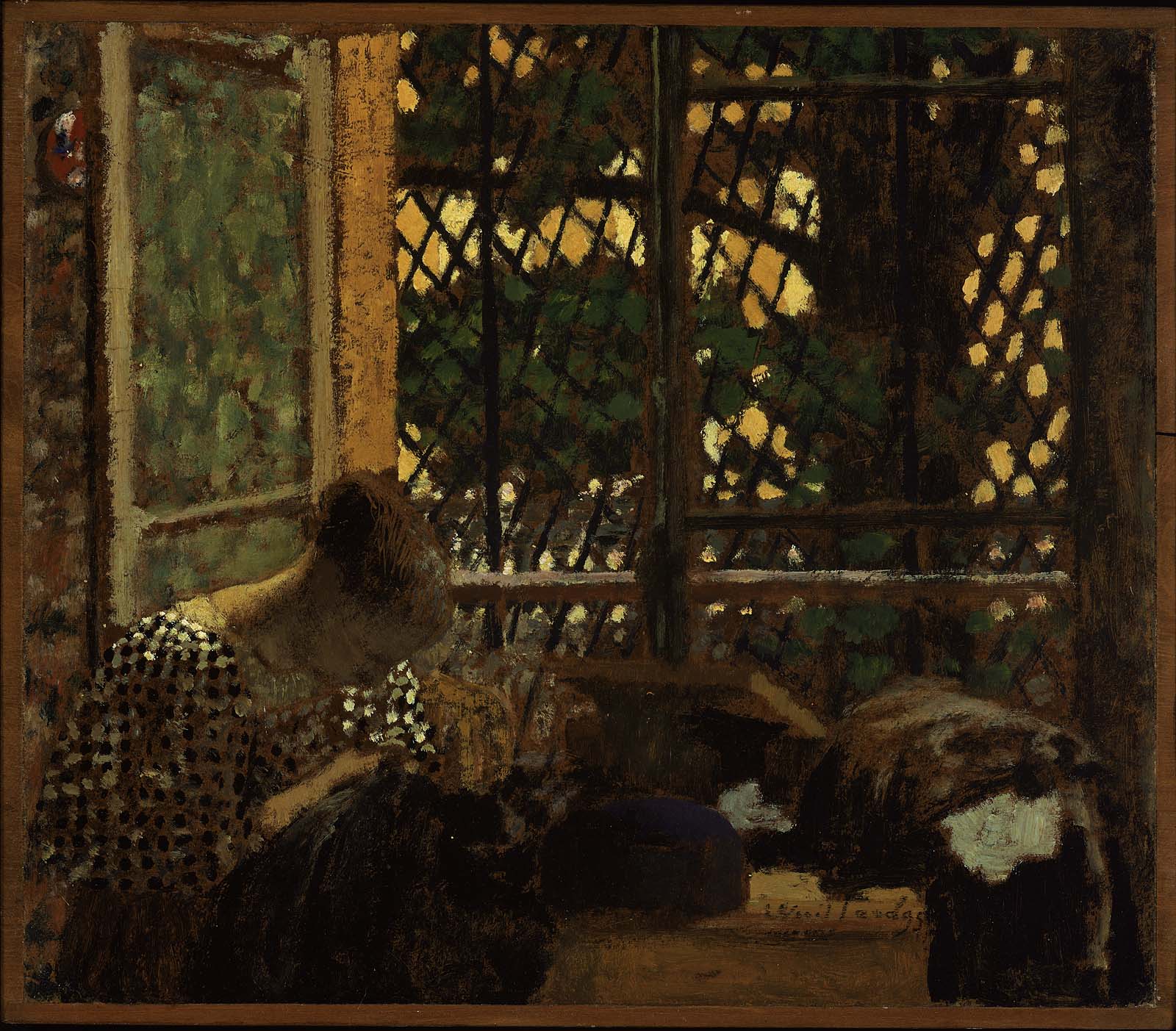 Femme cousant devant une fenêtre de jardin - Édouard Vuillard