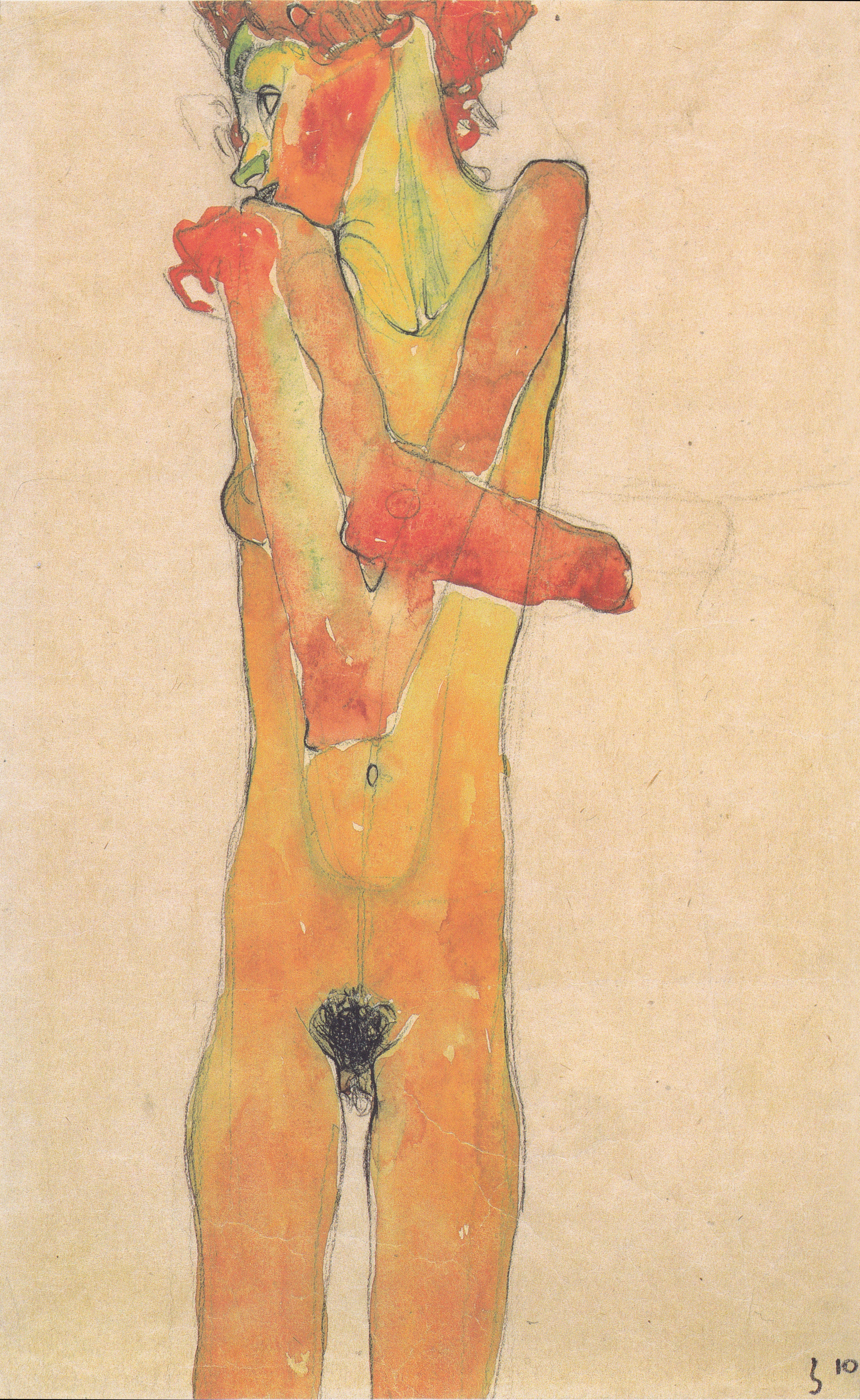 Reproduction du tableau « Femme nue debout avec les bras croisés - Egon Schiele » par Alpha Reproduction en peinture à l’huile