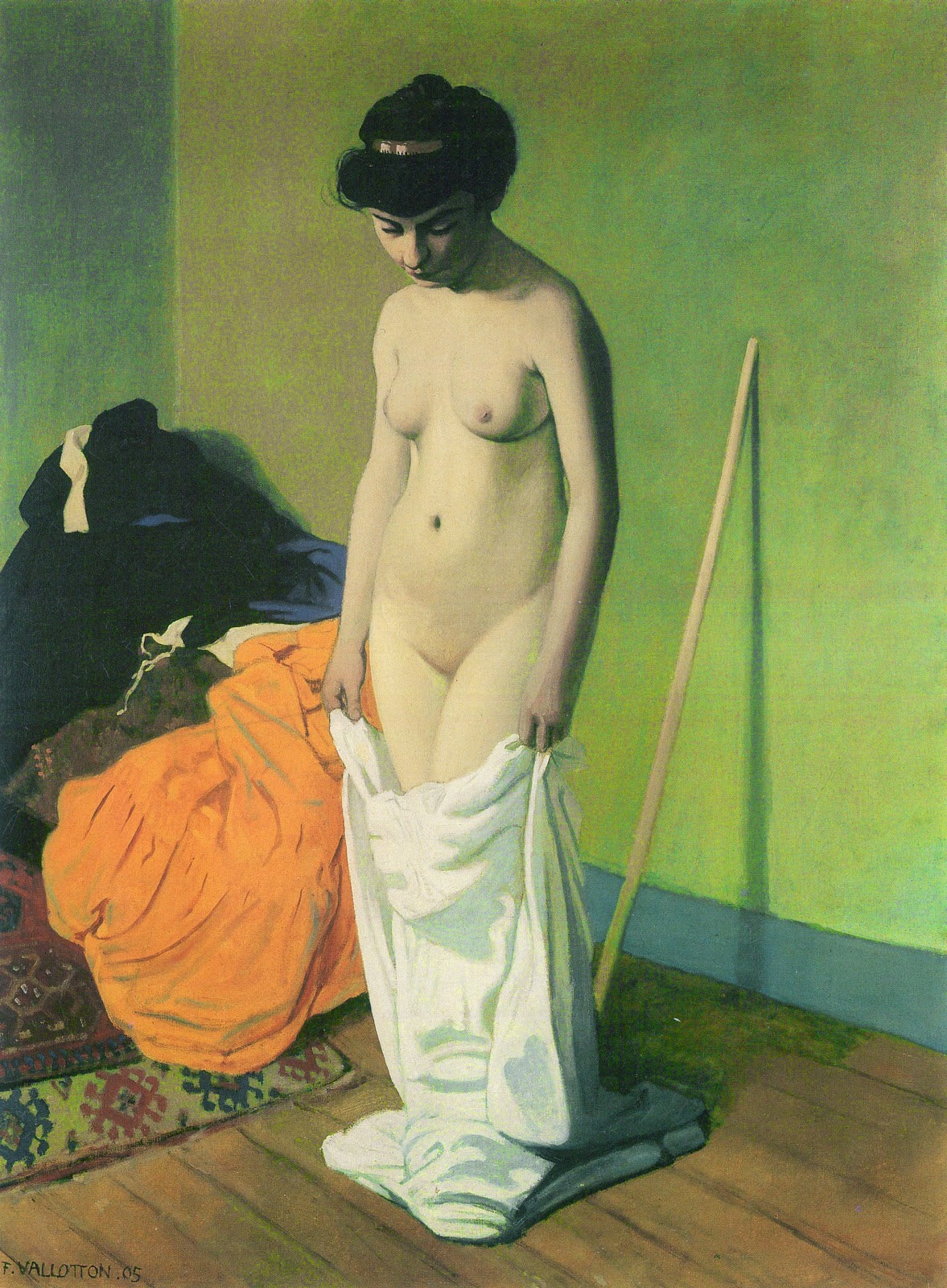 Femme nue debout tenant sa chemise à deux mains - Félix Vallotton