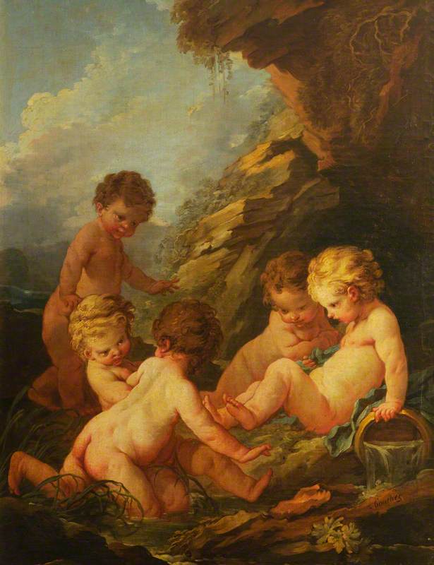 Cinq enfants nus jouant au bord d'une piscine rocheuse - François Boucher