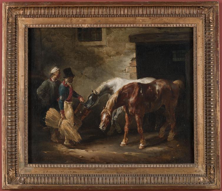 Reproduction du tableau « Deux chevaux de poste à la porte d'une écurie - Théodore Géricault » par Alpha Reproduction en peinture à l’huile