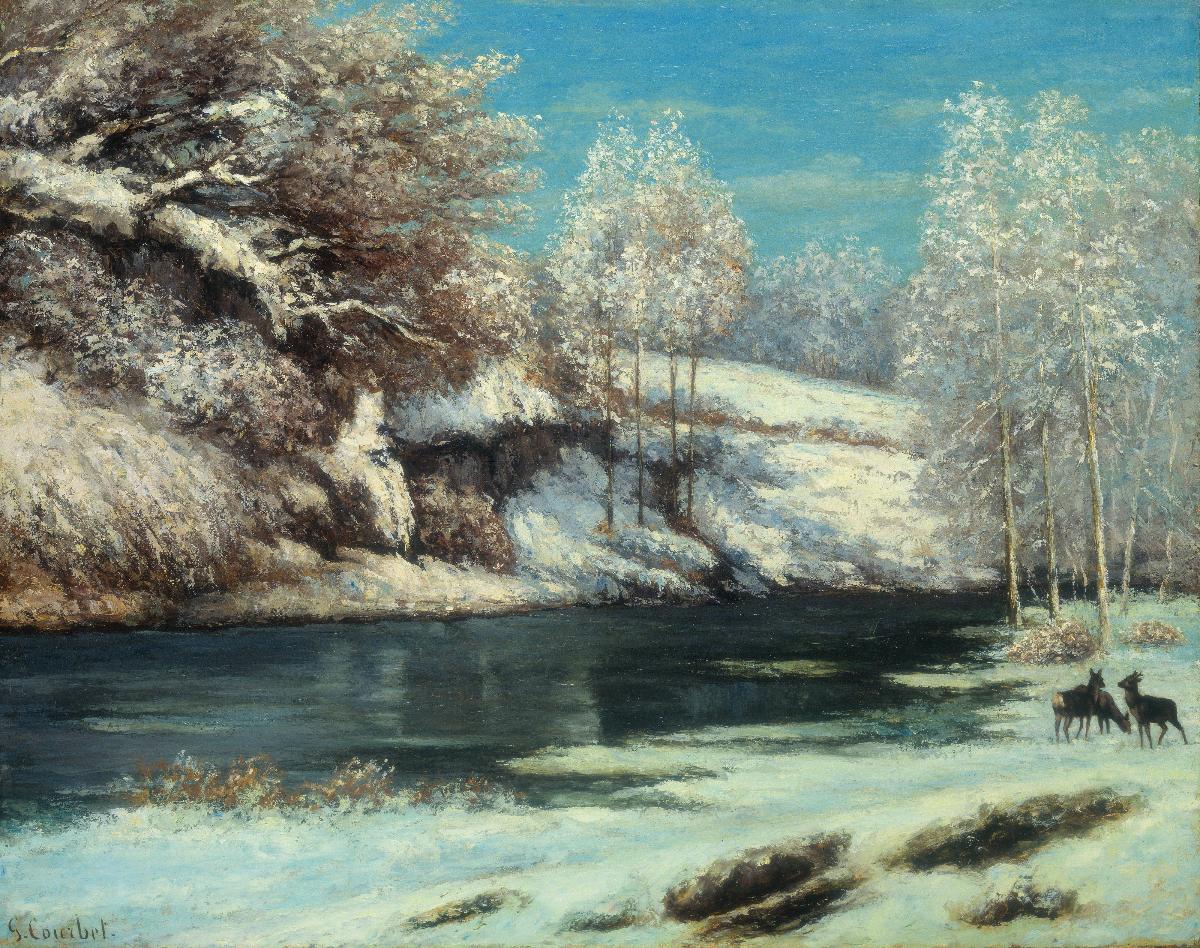 Biches et chevreuil près d'une rivière - Gustave Courbet