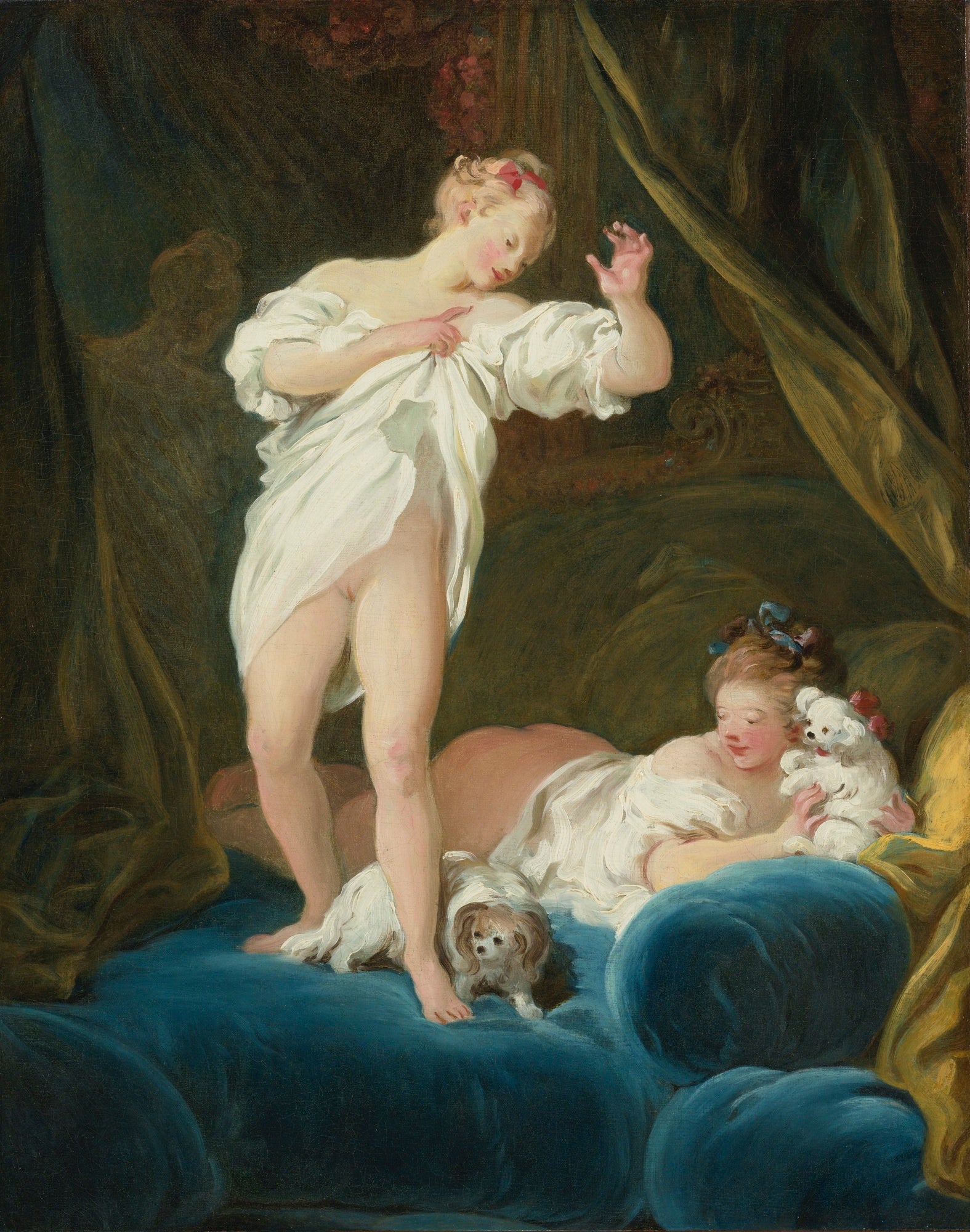 Deux filles sur un lit jouant avec leurs chiens - Jean-Honoré Fragonard