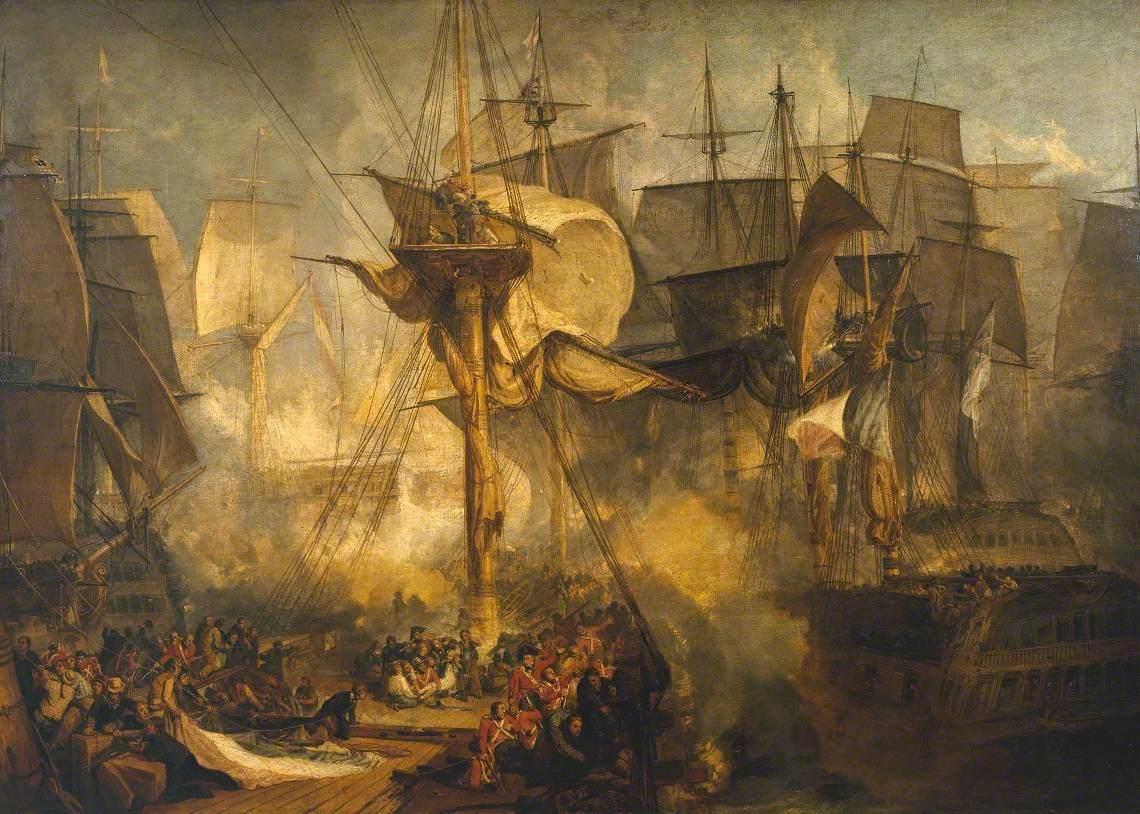 Reproduction du tableau « The Battle of Trafalgar, as Seen from the Mizen Starboard Shrouds of the Victory - J. M. W. Turner » par Alpha Reproduction en peinture à l’huile