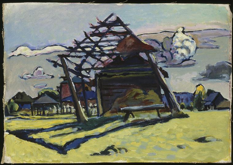 Reproduction du tableau « Akhtyrka, charpente pour un tas de foin et ferme - Vassily Kandinsky » par Alpha Reproduction en peinture à l’huile