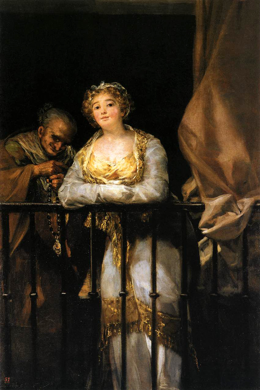 Reproduction du tableau « Maja et Célestine au balcon - Francisco de Goya » par Alpha Reproduction en peinture à l’huile