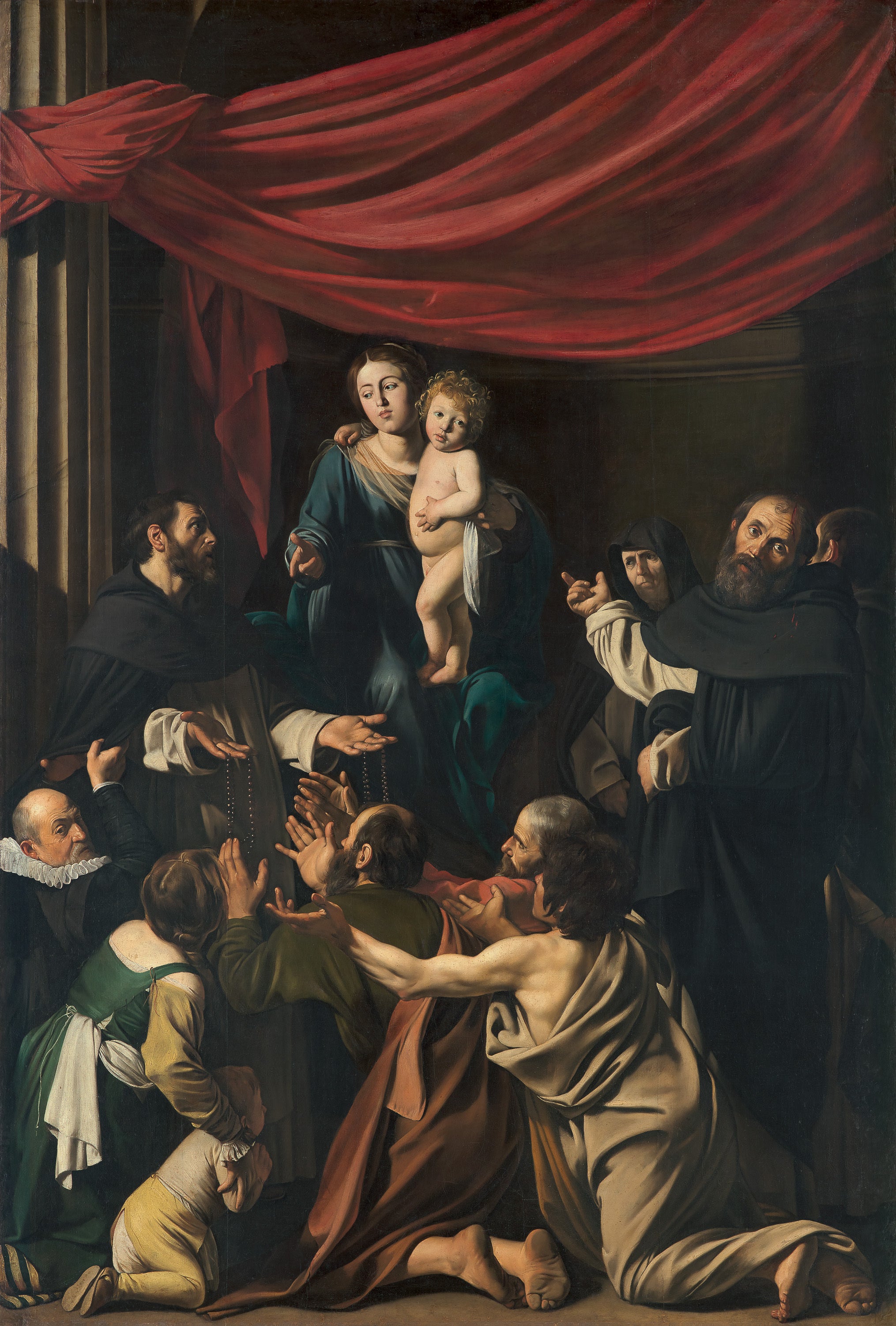 Reproduction du tableau « La Madone du Rosaire - Le Caravage » par Alpha Reproduction en peinture à l’huile