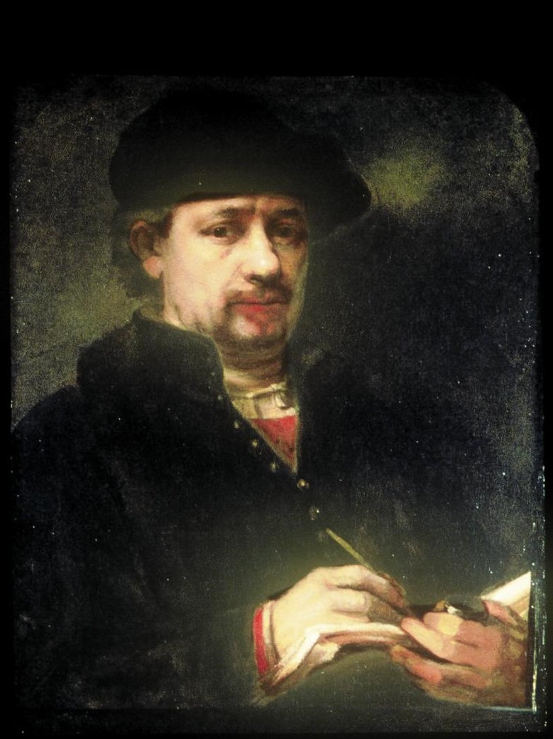 Reproduction du tableau « (Auto)Portrait de Rembrandt avec un carnet de croquis - Rembrandt » par Alpha Reproduction en peinture à l’huile