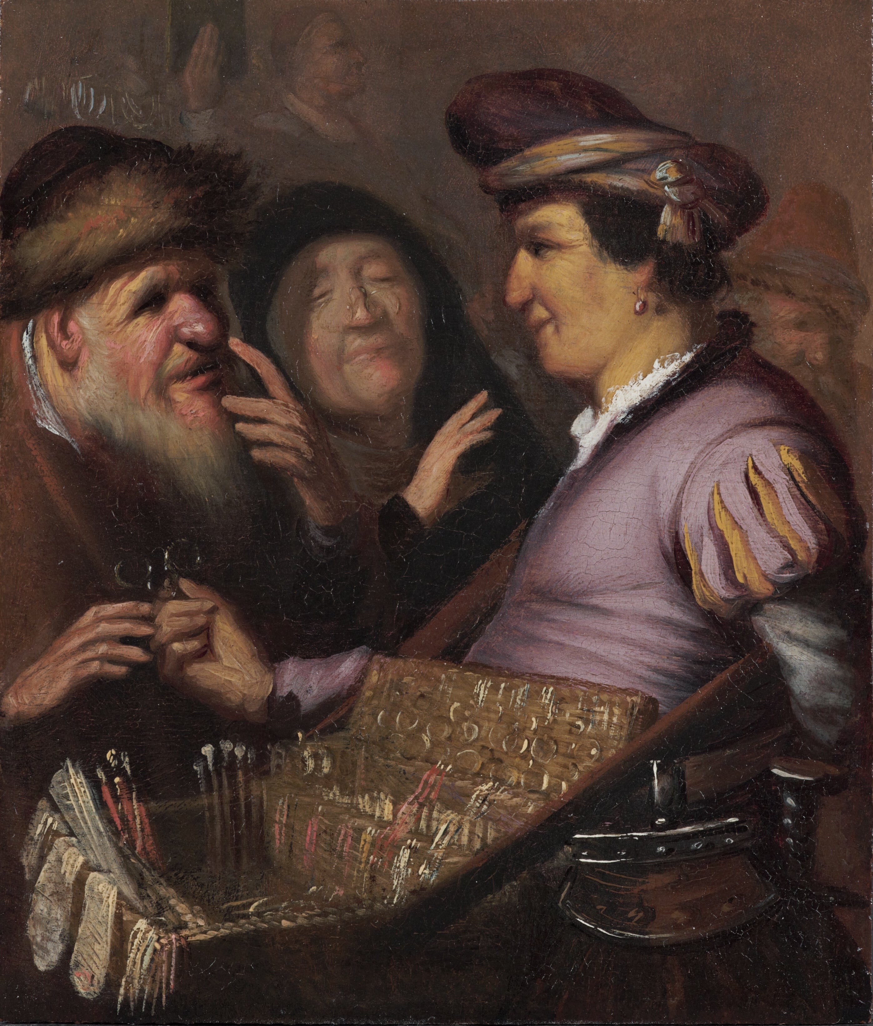 Reproduction du tableau « Le vendeur de lunettes (Un colporteur vendant des lunettes, Vue) - Rembrandt » par Alpha Reproduction en peinture à l’huile