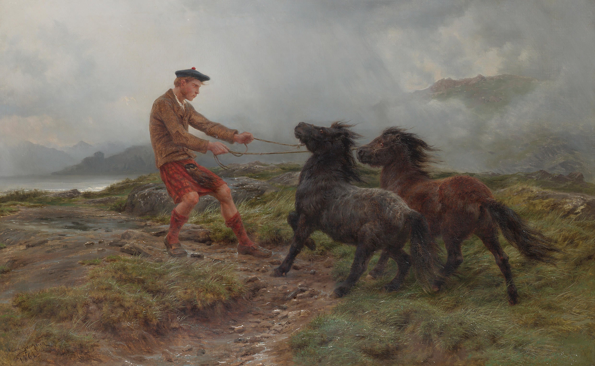 Un ghillie et deux poneys Shetland dans un paysage brumeux - Rosa Bonheur