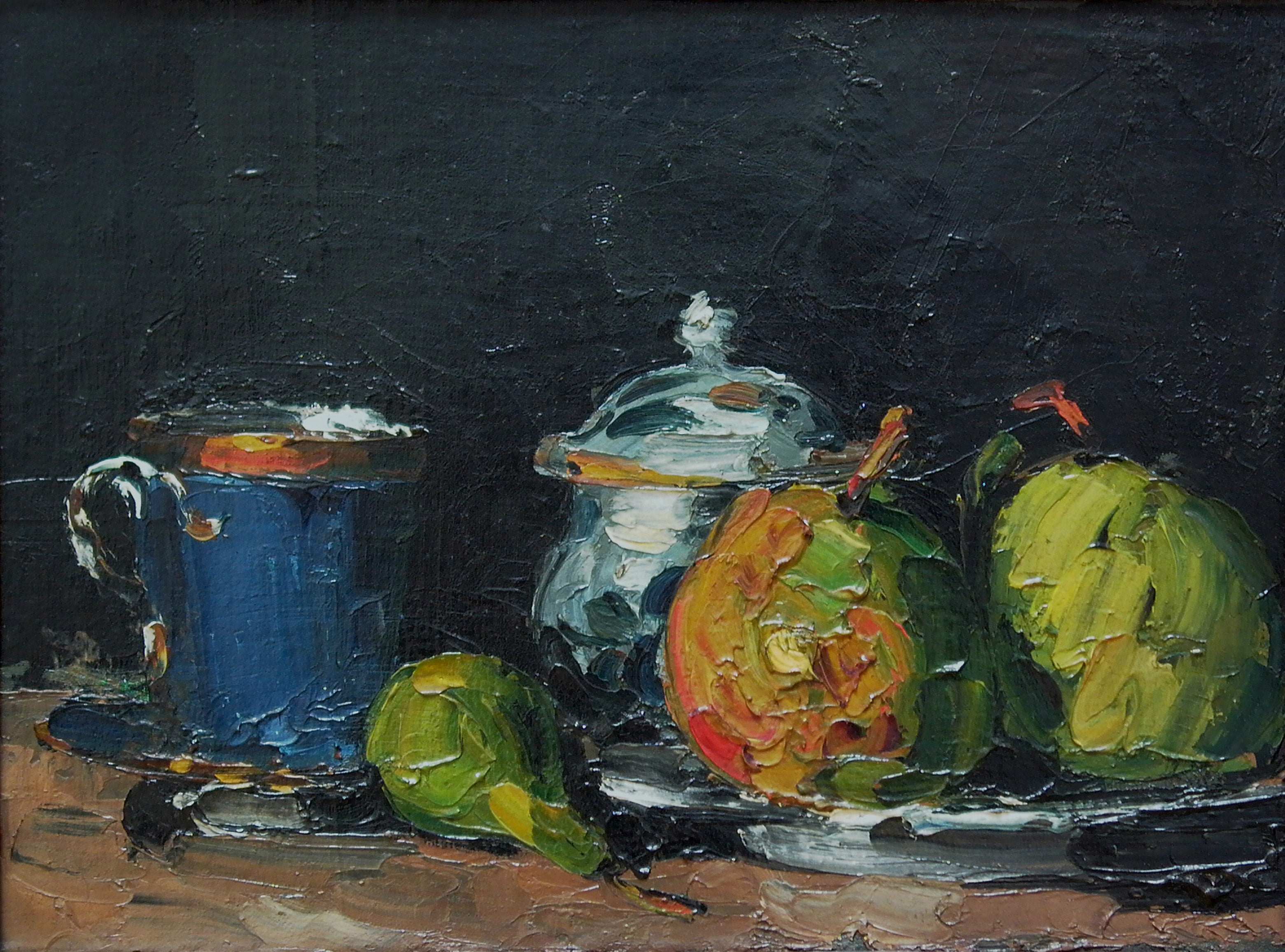 Reproduction du tableau « Sucrier, poires et tasse bleue - Paul Cézanne » par Alpha Reproduction en peinture à l’huile