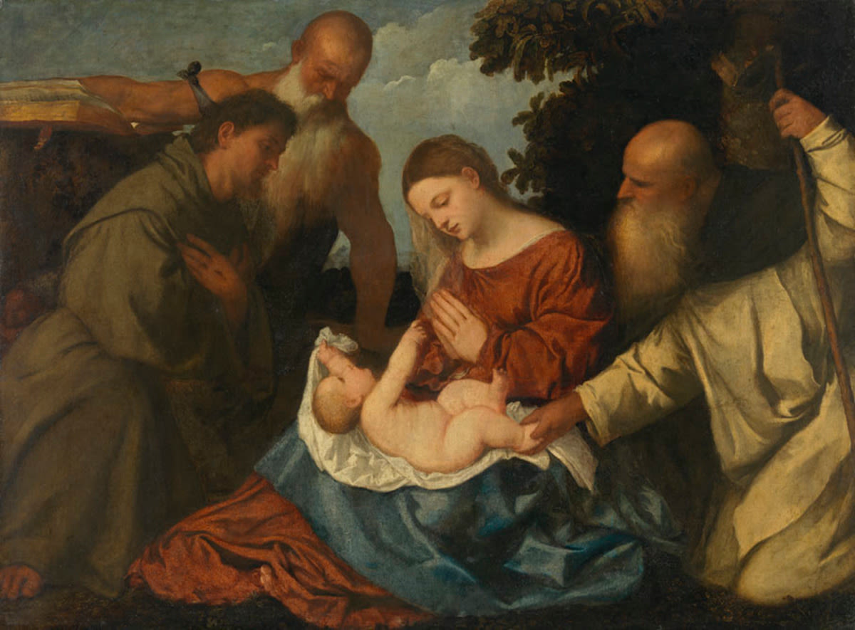 Vierge à l'Enfant avec les saints Antoine Abbé, Jérôme et François - Titian