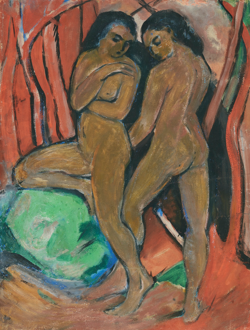 Reproduction du tableau « Deux filles nues debout avec une pierre verte - Franz Marc » par Alpha Reproduction en peinture à l’huile