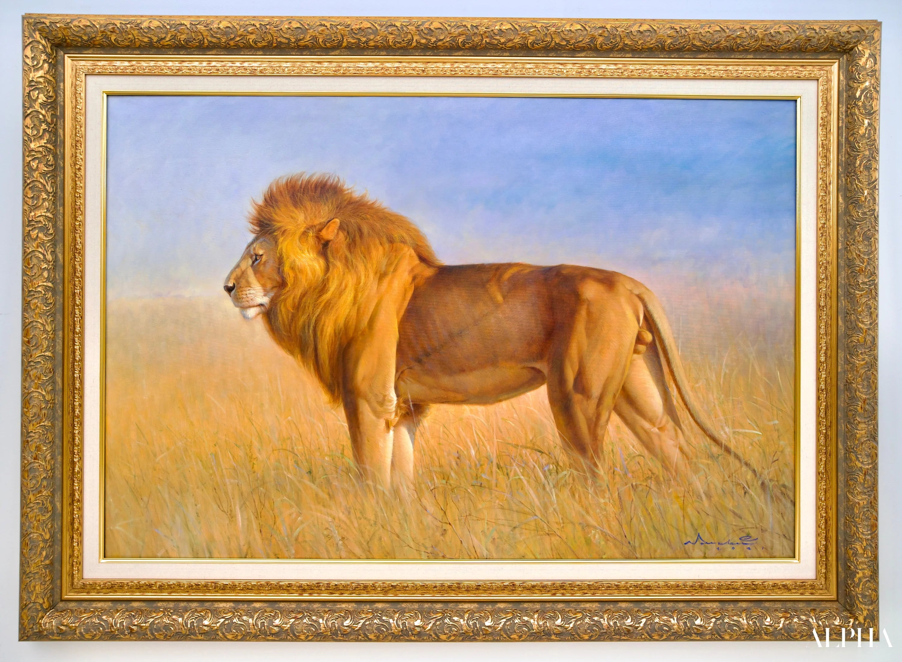 Lion dans la savane | 150 x 100 cm Reproductions de tableaux à la peinture à l’huile