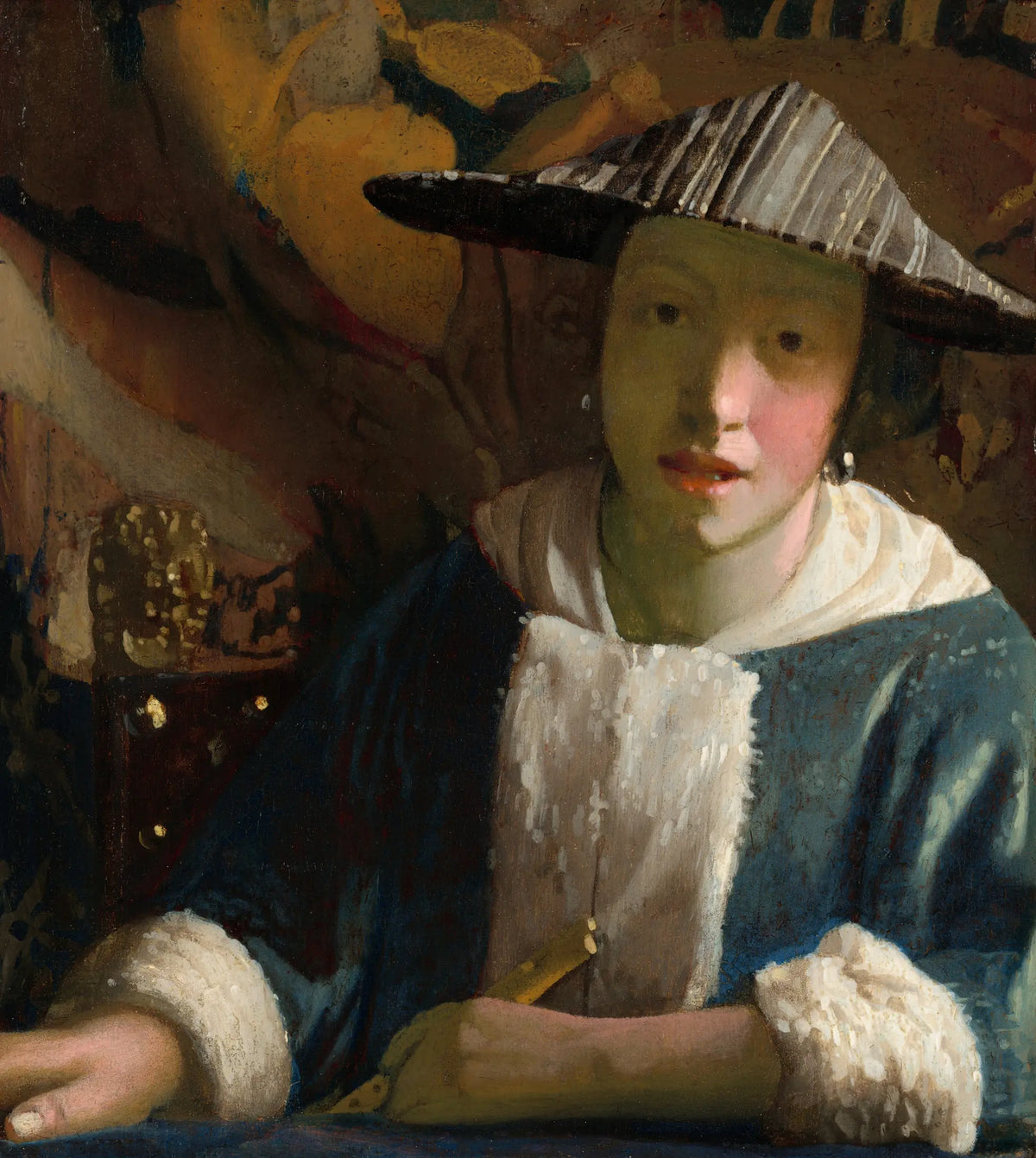 La Jeune Fille à la flûte, tableau entier attribué à l’atelier de Vermeer