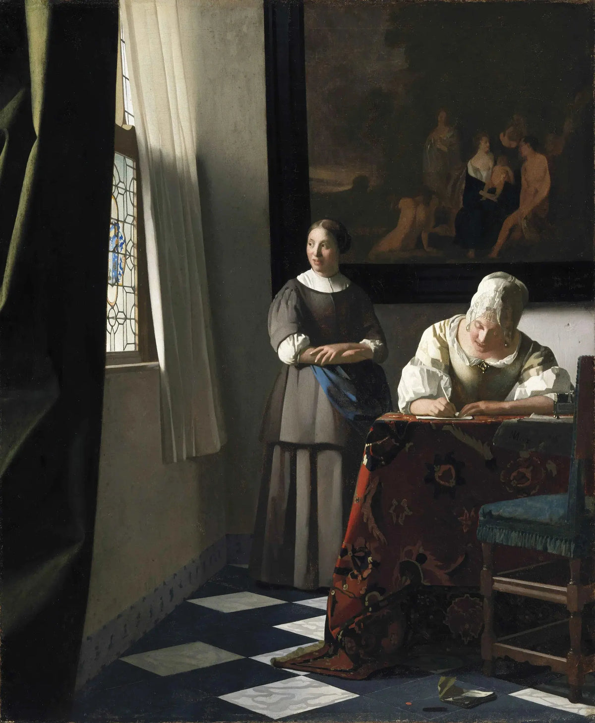 Femme écrivant une lettre et sa servante de Vermeer, tableau entier