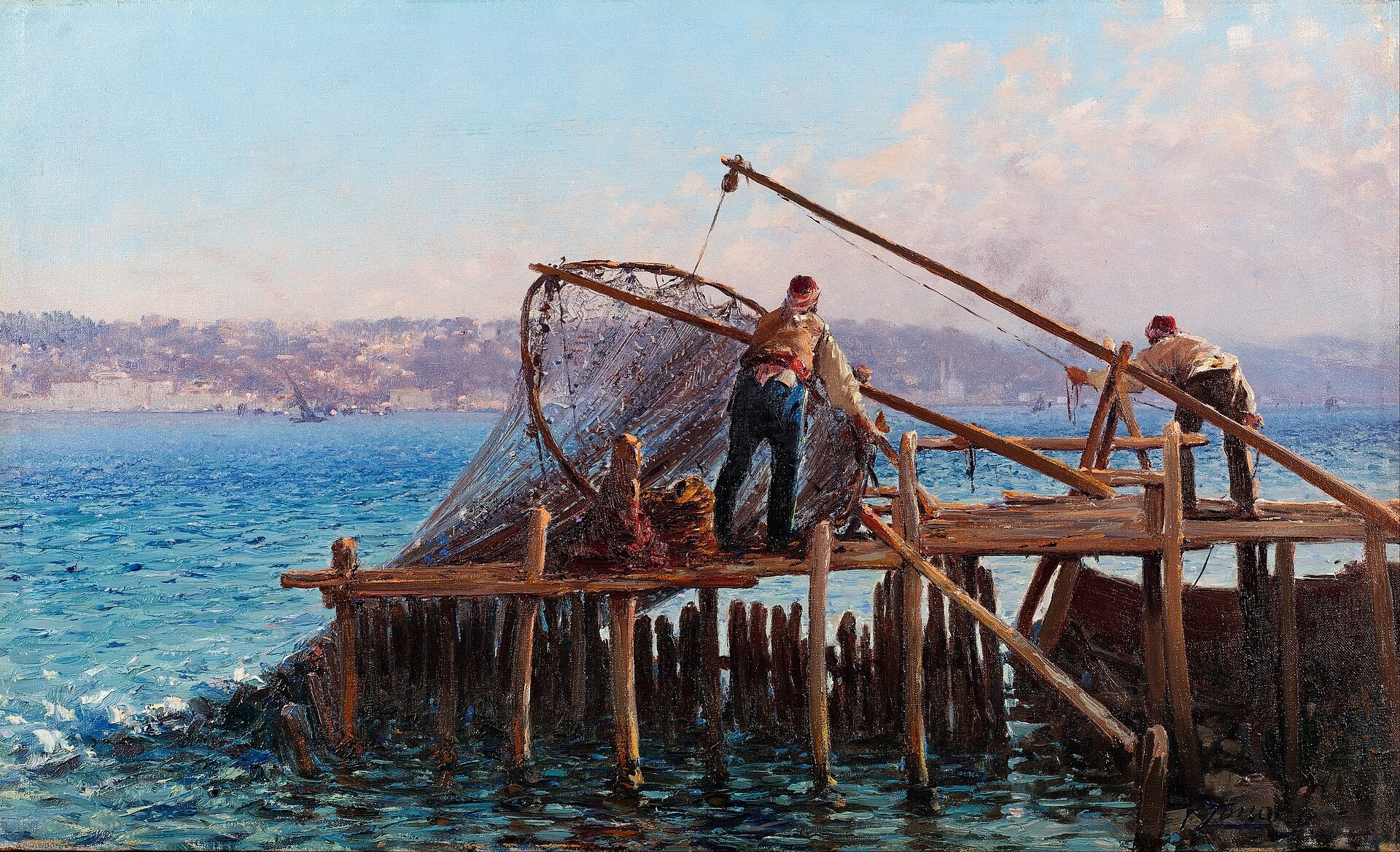 Pêcheurs ramenant leurs prises — Fausto Zonaro, vers 1900, huile sur toile