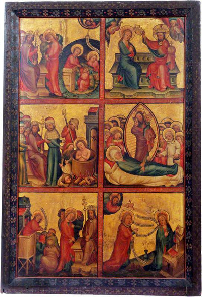 3 scènes de la vie de saint Jean l’Évangéliste ; 3 scènes de la vie de la Vierge (triptyque volet gauche extérieur)