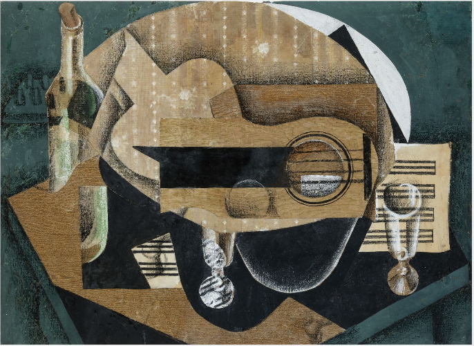 Une guitare, des verres et une bouteille - Juan Gris