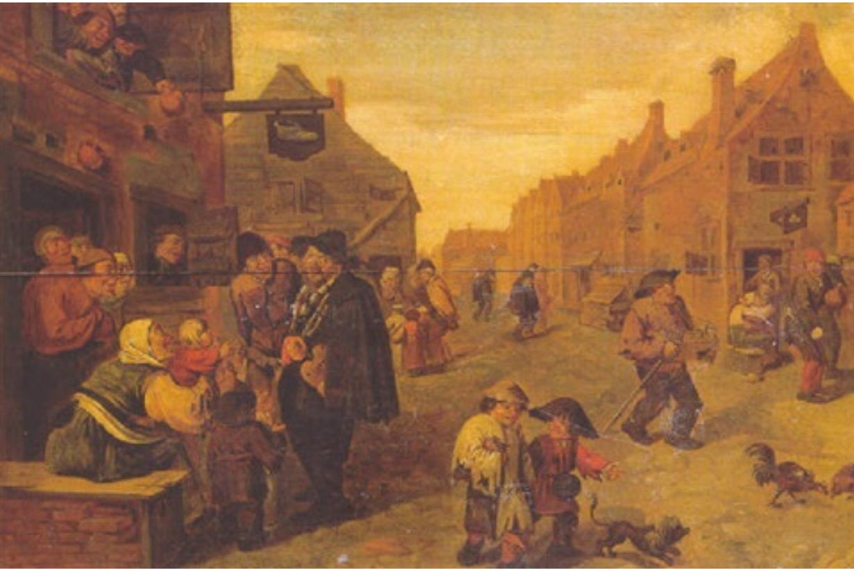 Des rustres écoutant une vielle à roue, devant l'atelier d'un cordonnier, dans une rue de village - Adriaen Brouwer