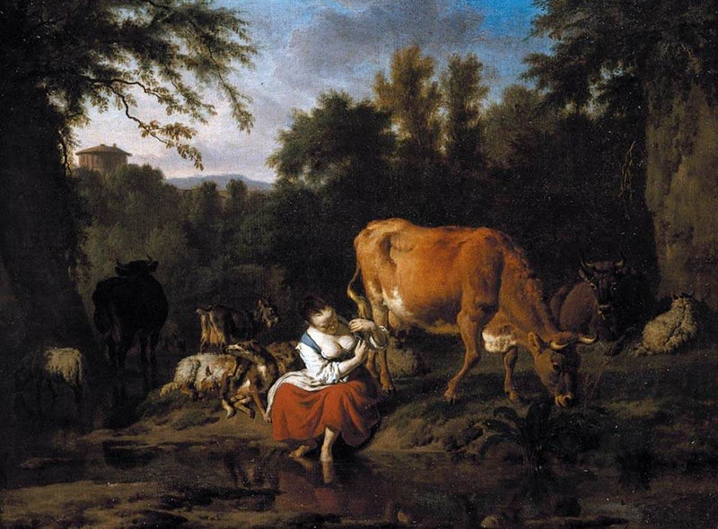 Paysage avec une bergère et son bétail sur la rive d'un ruisseau - Adriaen van de Velde