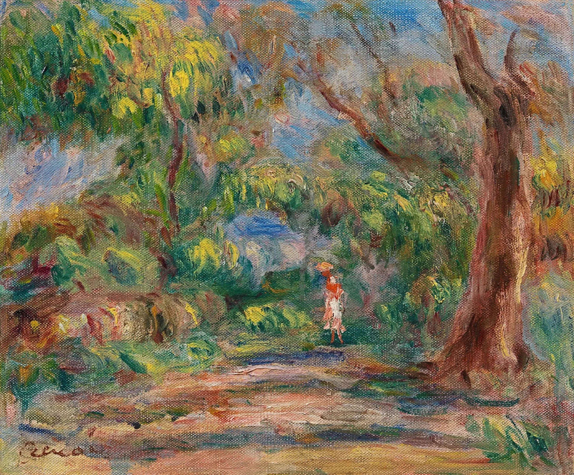 Reproduction du tableau « Paysage, allée de ferme avec femme en rouge et blanc - Pierre-Auguste Renoir » par Alpha Reproduction en peinture à l’huile