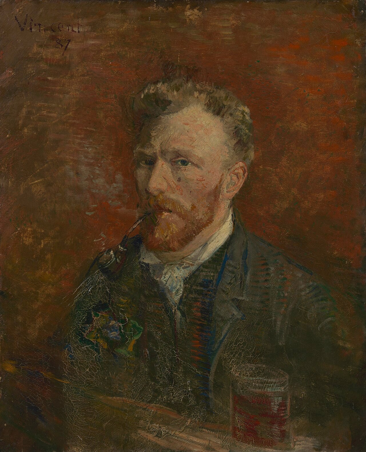 🍺 דיוקן עצמי עם מקטרת וכוס – וינסנט ואן גוך (1887)