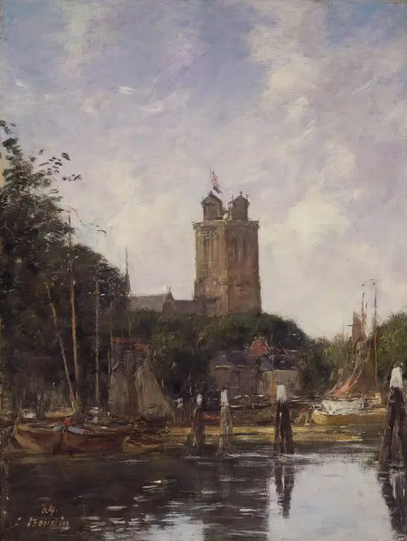 Reproduction du tableau « Dordrecht, la Grote Kerk depuis le canal - Eugène Boudin » par Alpha Reproduction en peinture à l’huile
