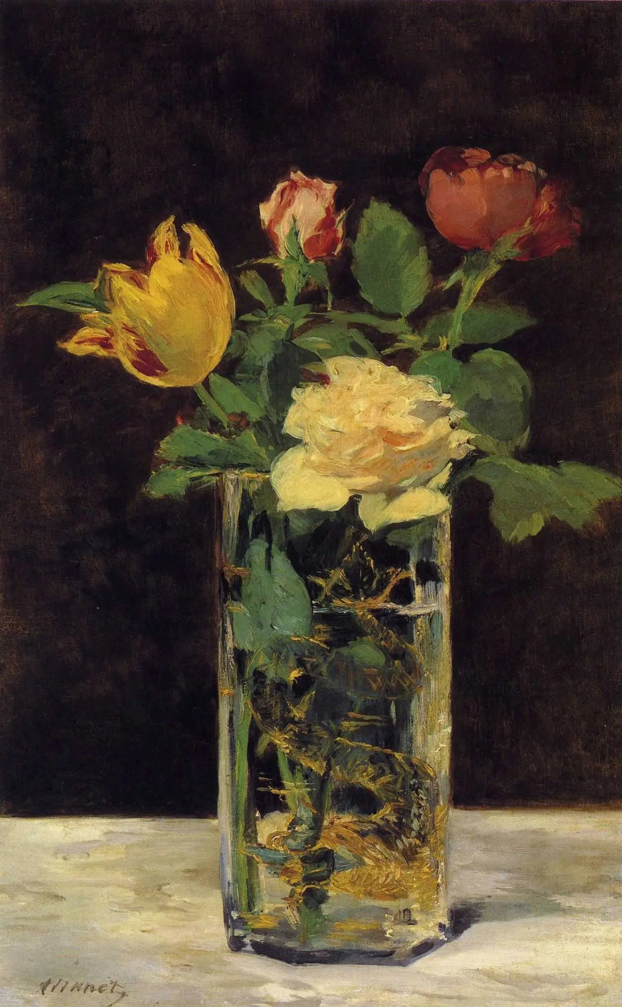 Reproduction du tableau « Roses et tulipes dans un vase - Édouard Manet » par Alpha Reproduction en peinture à l’huile