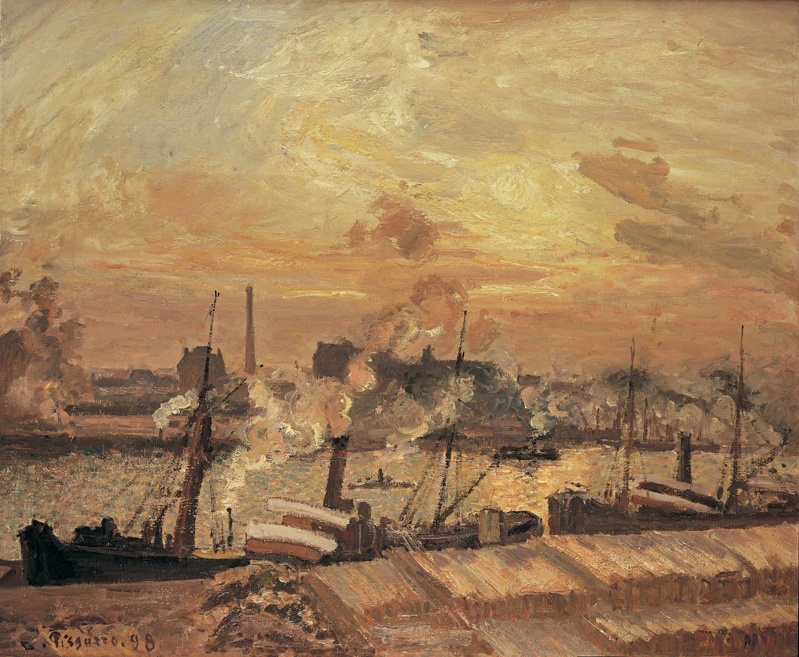 Reproduction du tableau « Déchargement de bois, quai de la Bourse, coucher de soleil - Camille Pissarro » par Alpha Reproduction en peinture à l’huile