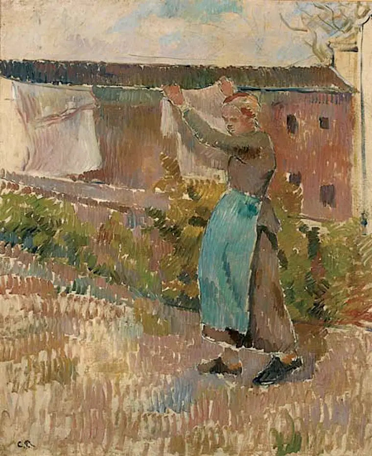 Reproduction du tableau « Femme étendant du linge, étude - Camille Pissarro » par Alpha Reproduction en peinture à l’huile