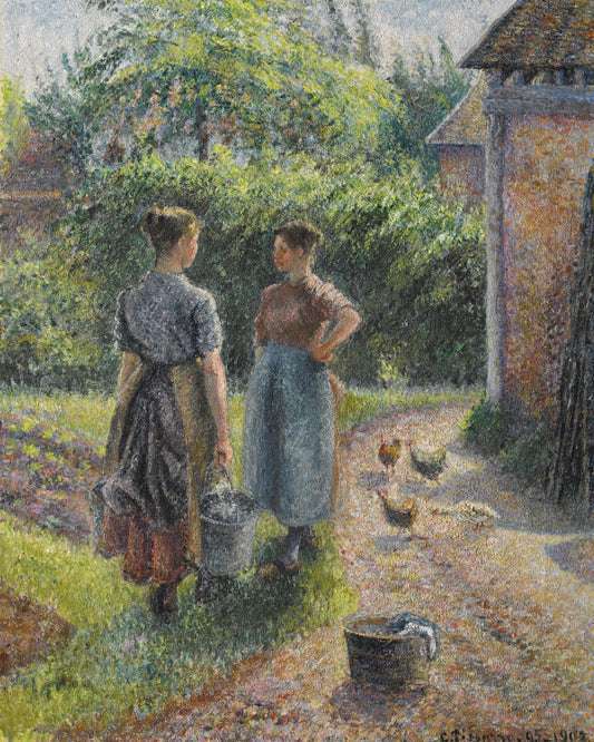 Reproduction du tableau « Paysannes causant dans la cour d'une ferme, Eragny - Camille Pissarro » par Alpha Reproduction en peinture à l’huile