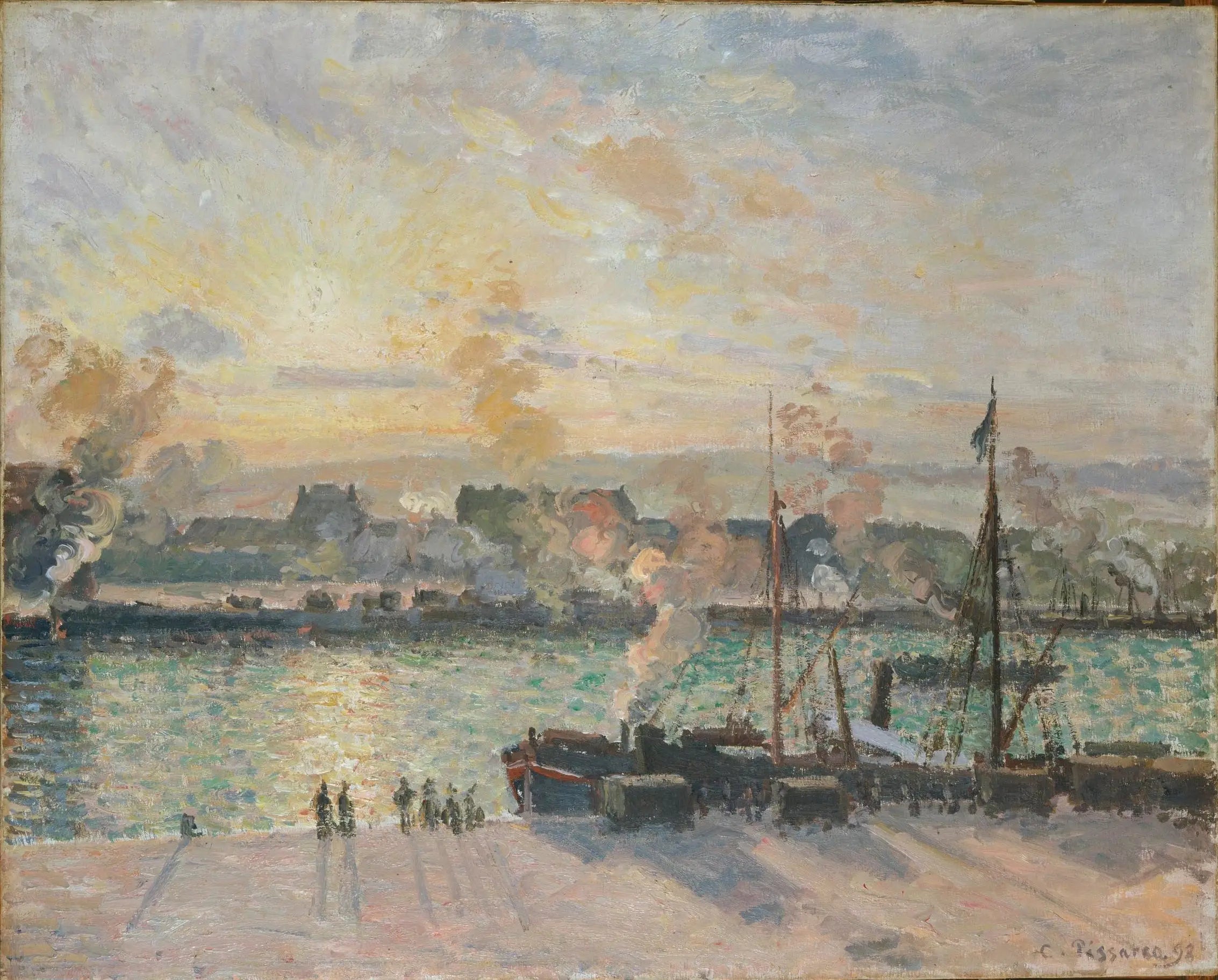Reproduction du tableau « Coucher de soleil, port de Rouen (bateaux à vapeur) - Camille Pissarro » par Alpha Reproduction en peinture à l’huile