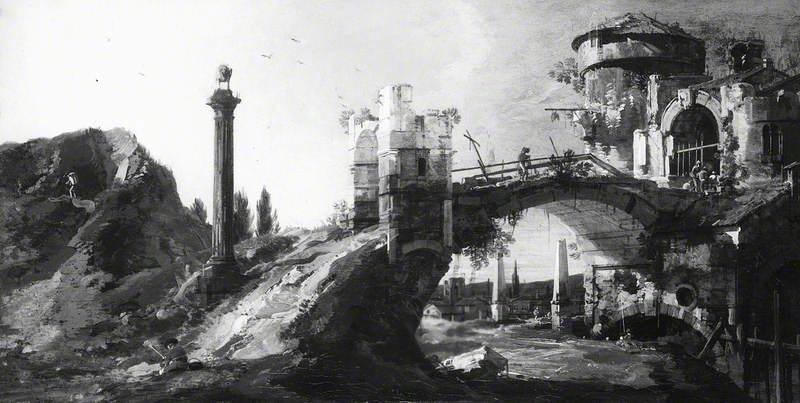 Capriccio : Pont en ruine avec personnages - Canaletto