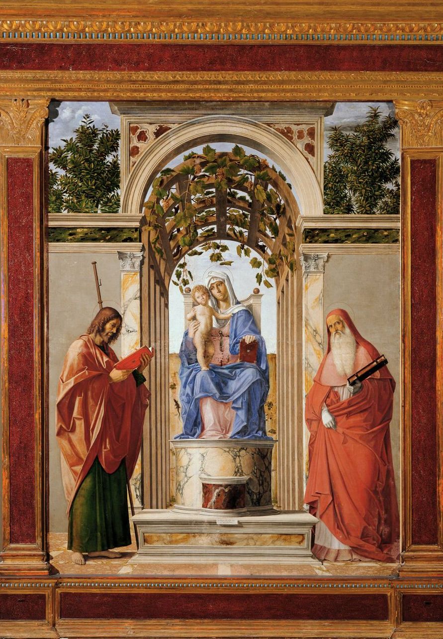 La Vierge à l'Enfant, entre saint Jérôme et saint Jacques l'apôtre. - Cima da Conegliano