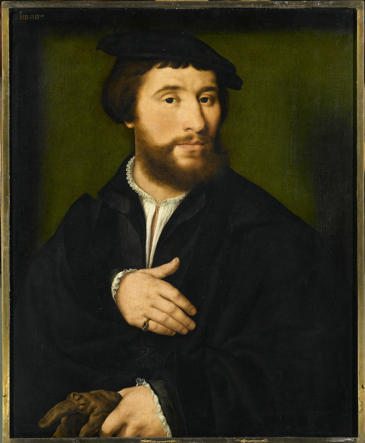 Portrait d'homme habillé de noir et tenant d'une main ses gants - Joos van Cleve