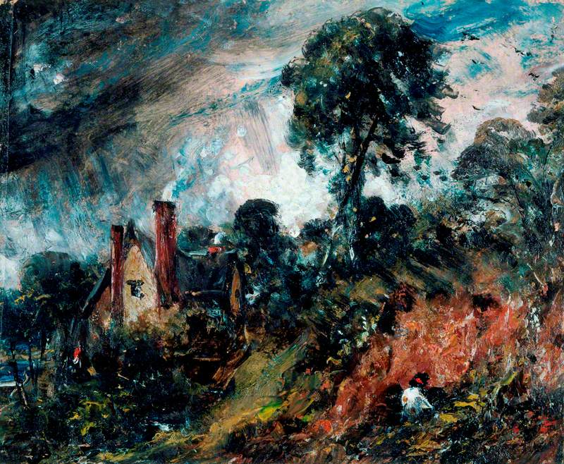 Un chalet parmi les arbres avec un banc de sable - John Constable