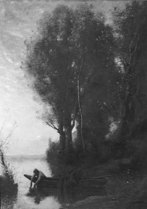 Le pêcheur en barque tire son filet au crépuscule - Jean-Baptiste Camille Corot