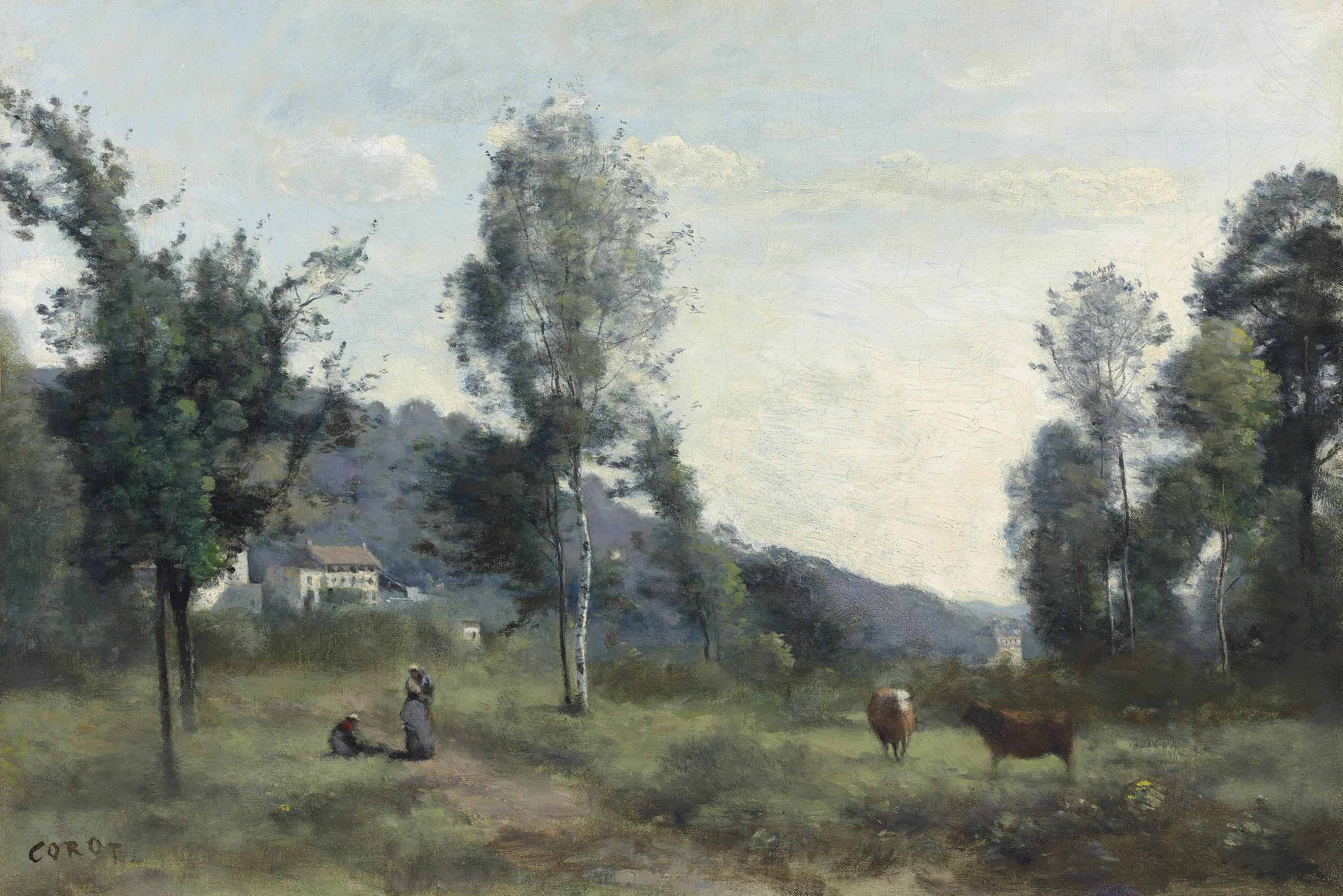 Ville d'Avray, pâturage avec, au fond, un côteau dans la brume - Jean-Baptiste Camille Corot