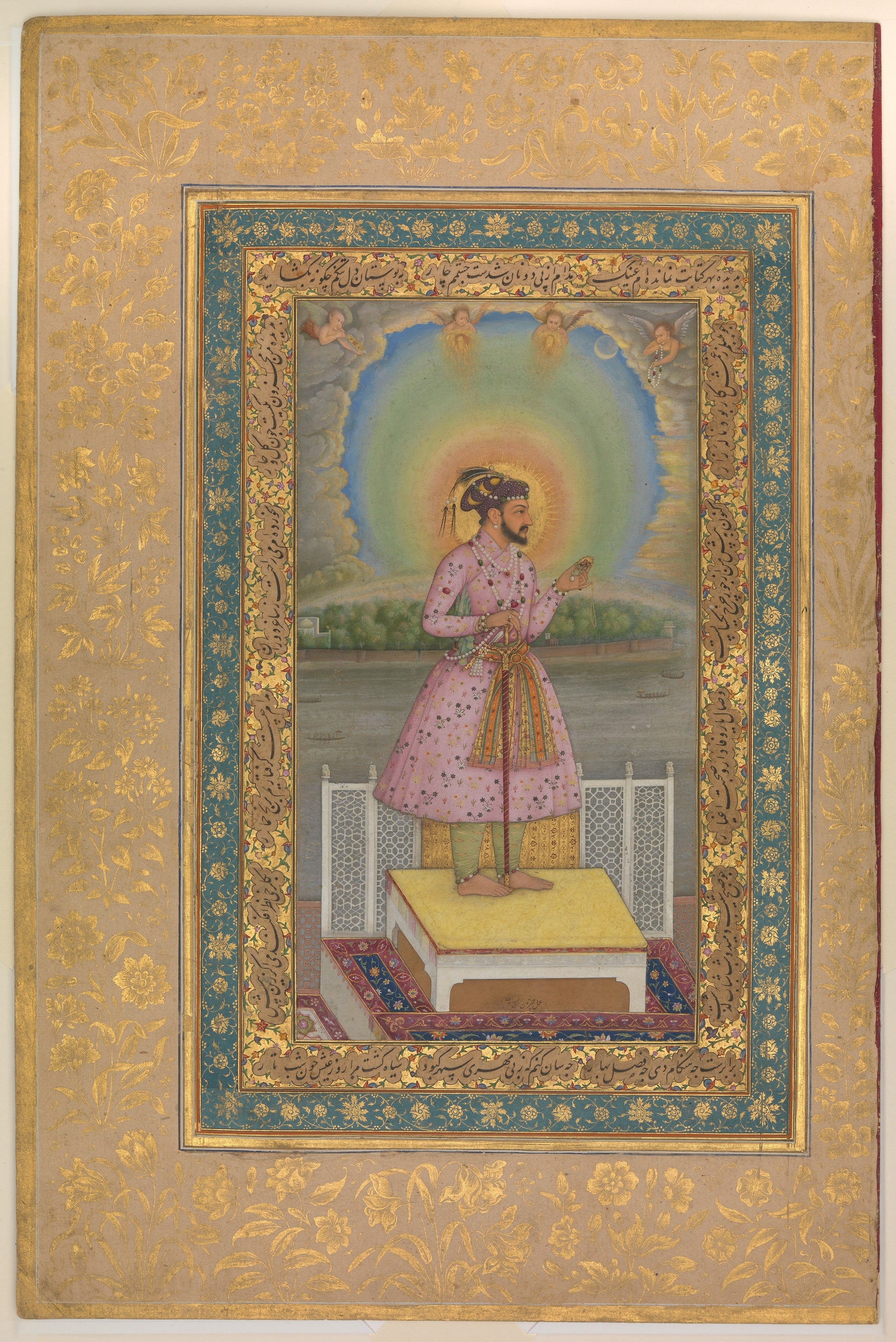 Chitarman, "Shah Jahan on a Terrace, Holding a Pendant Set With His Portrait", Folio from the Shah Jahan Album, recto: dated 1627–28; verso: ca. 1530–50, The Metropolitan Museum of Art, New York
