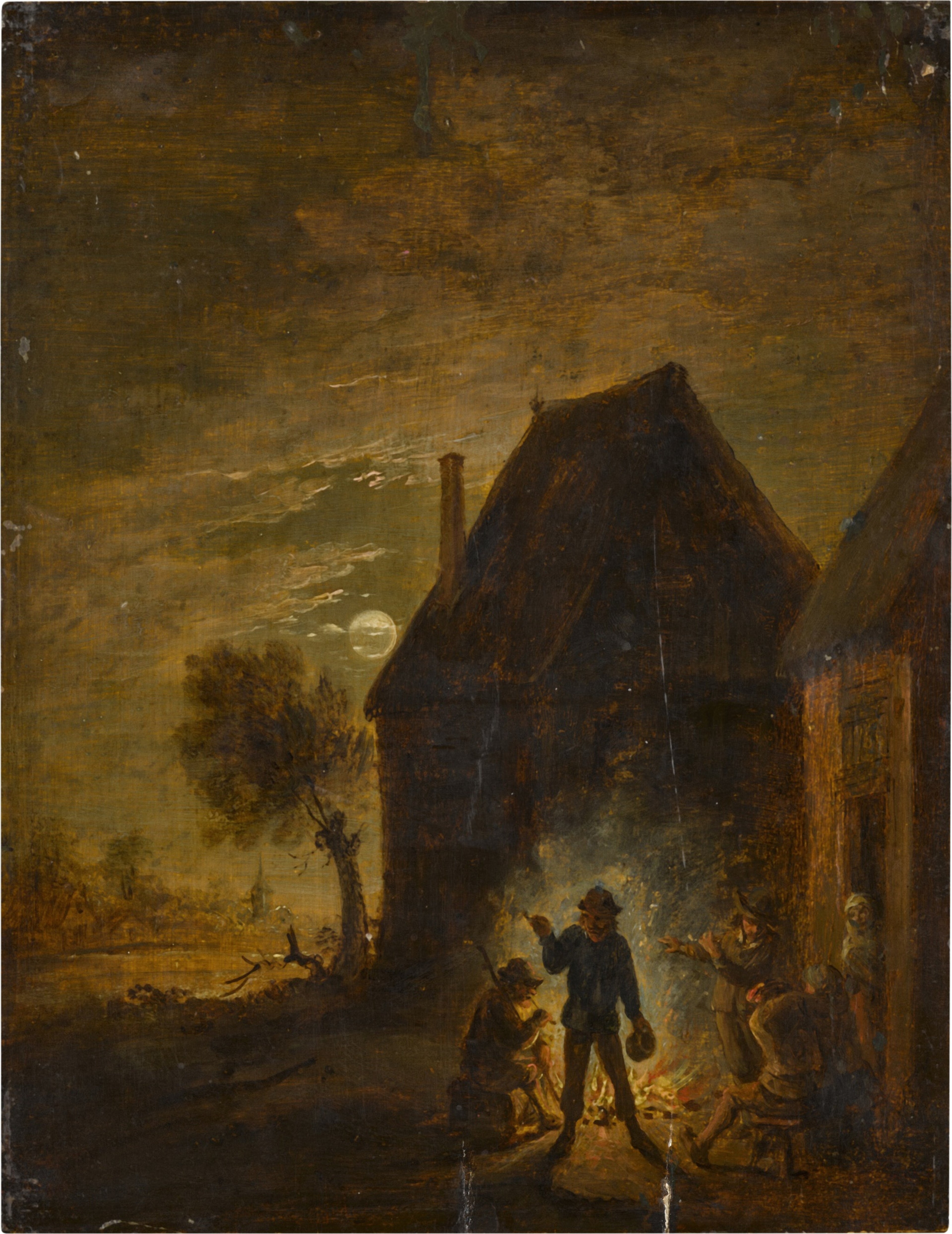 Ferme au clair de lune avec des personnages autour d'un feu - David Teniers le Jeune
