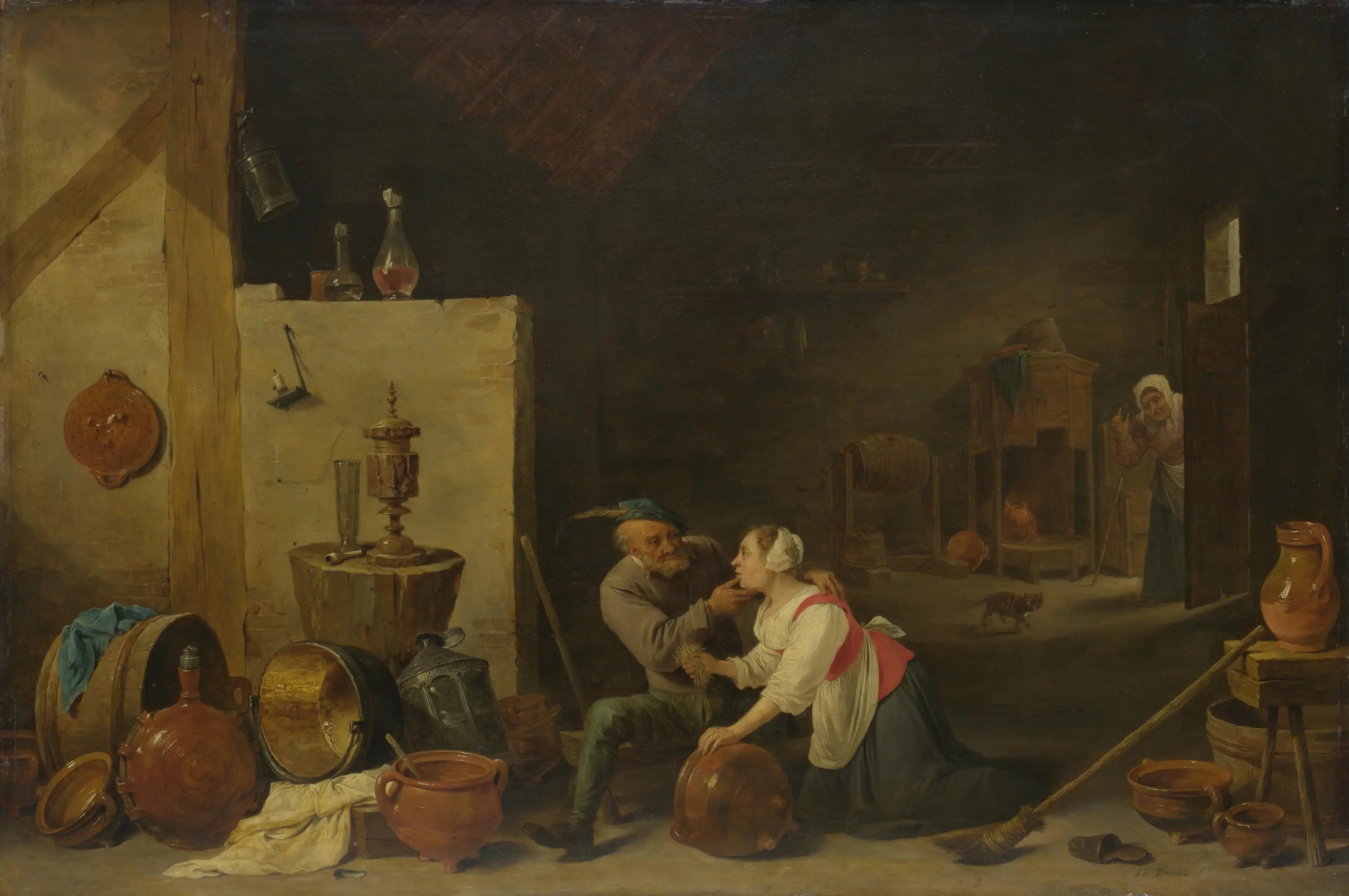 Un vieux paysan caresse une servante de cuisine dans une écurie - David Teniers le Jeune - Alpha Reproduction