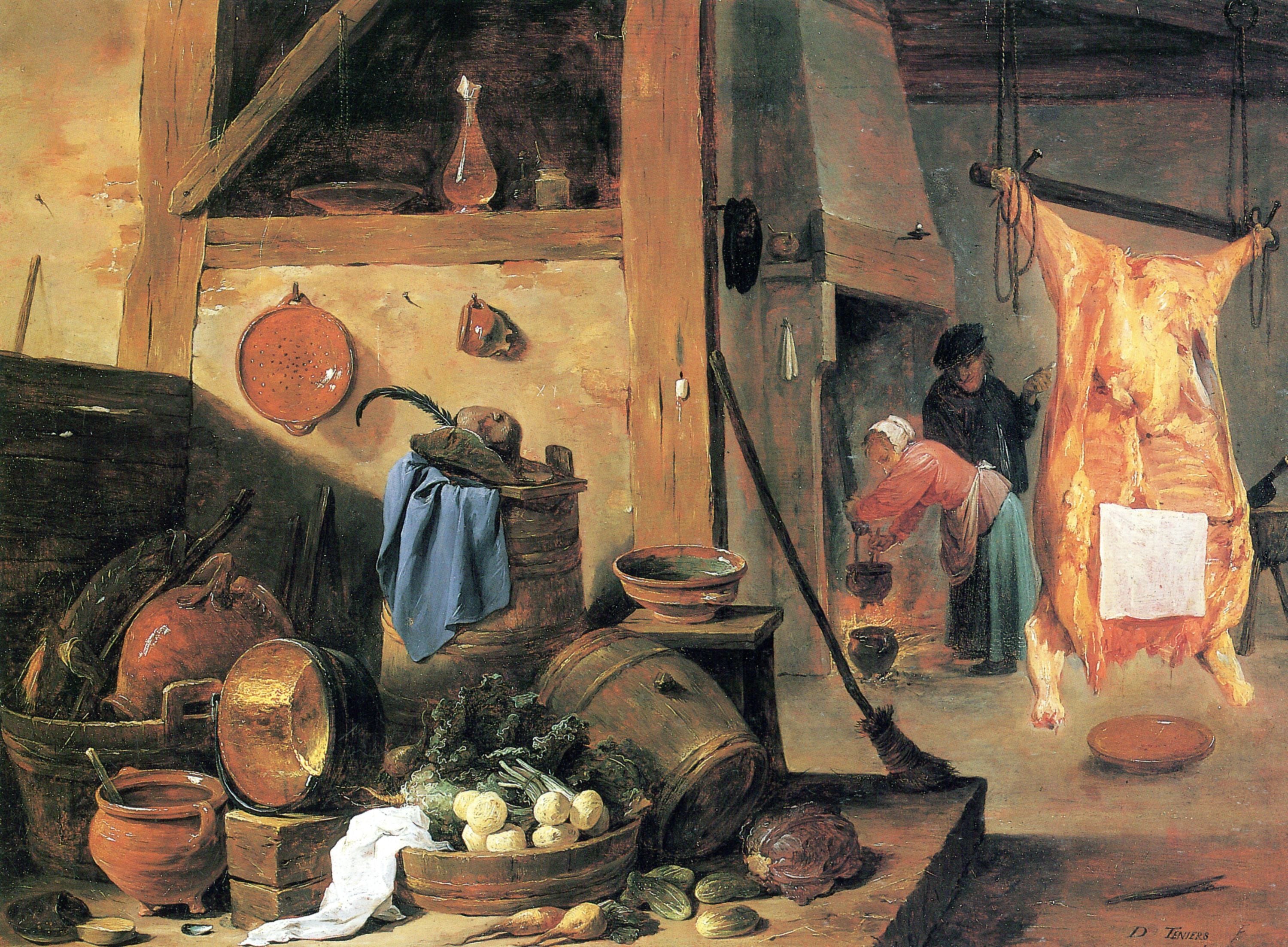 Intérieur de cuisine avec nature morte et bœuf abattu - David Teniers le Jeune