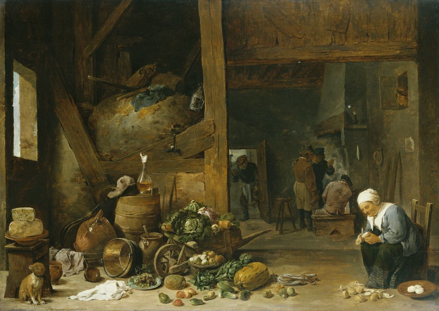 L'intérieur d'une cuisine avec une vieille femme épluchant des navets - David Teniers le Jeune