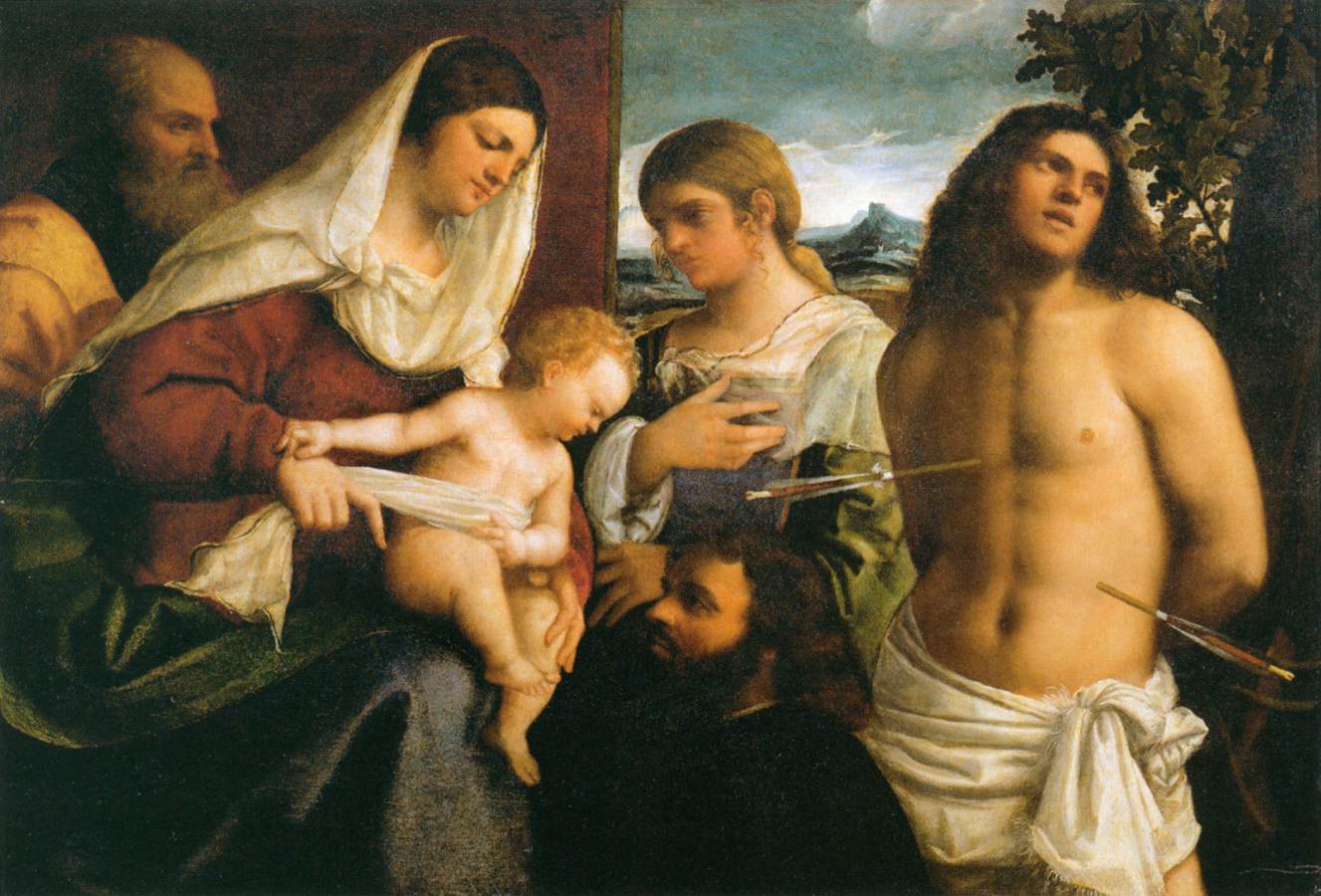 La Sainte Famille avec sainte Catherine, saint Sébastien et un donateur - Sebastiano del Piombo
