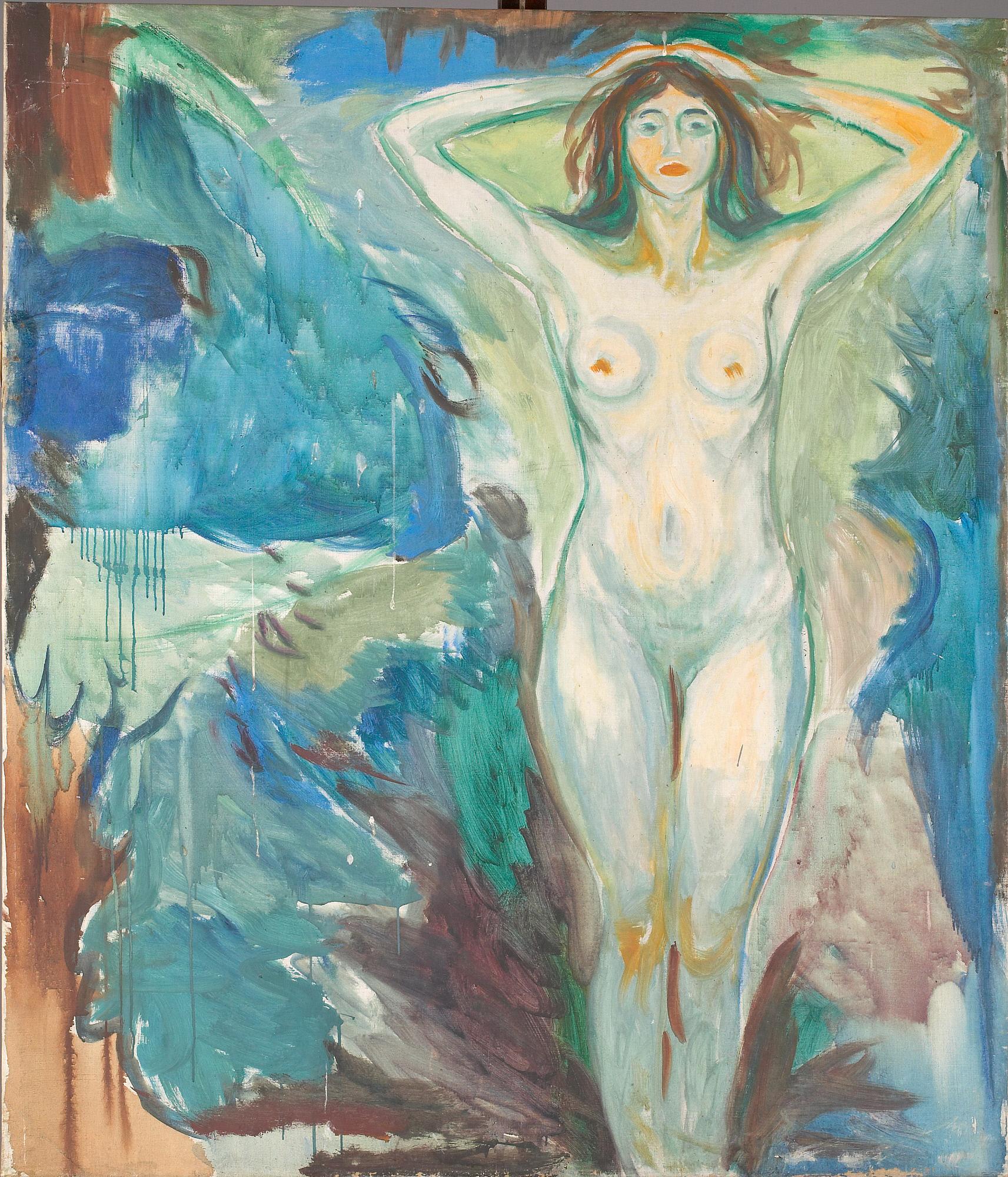 Reproduction du tableau « Nu debout sur un fond bleu - Edvard Munch » par Alpha Reproduction en peinture à l’huile