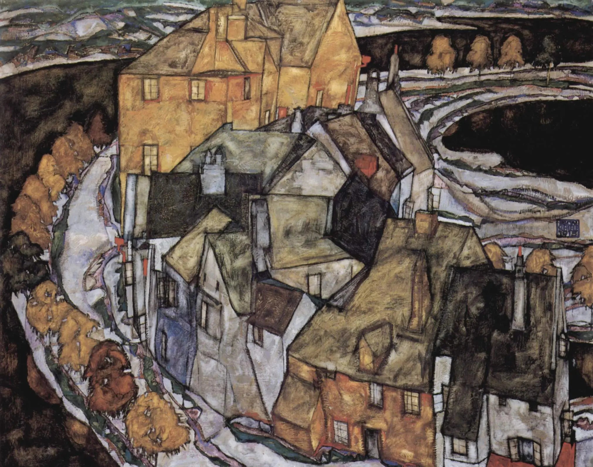 Reproduction du tableau « Croissant de Maisons II (Ville insulaire) - Egon Schiele » par Alpha Reproduction en peinture à l’huile