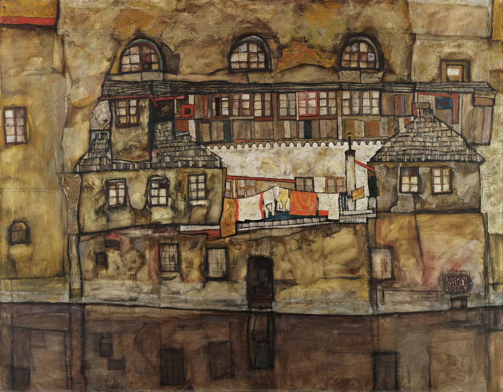 Reproduction du tableau « Mur de maison sur la rivière - Egon Schiele » par Alpha Reproduction en peinture à l’huile