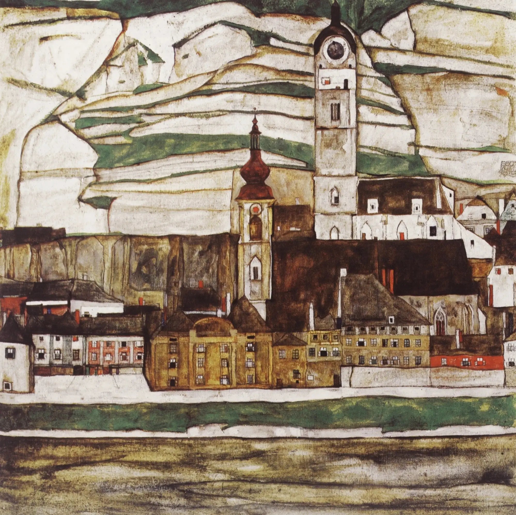 Reproduction du tableau « Stein sur le Danube, vu du sud - Egon Schiele » par Alpha Reproduction en peinture à l’huile