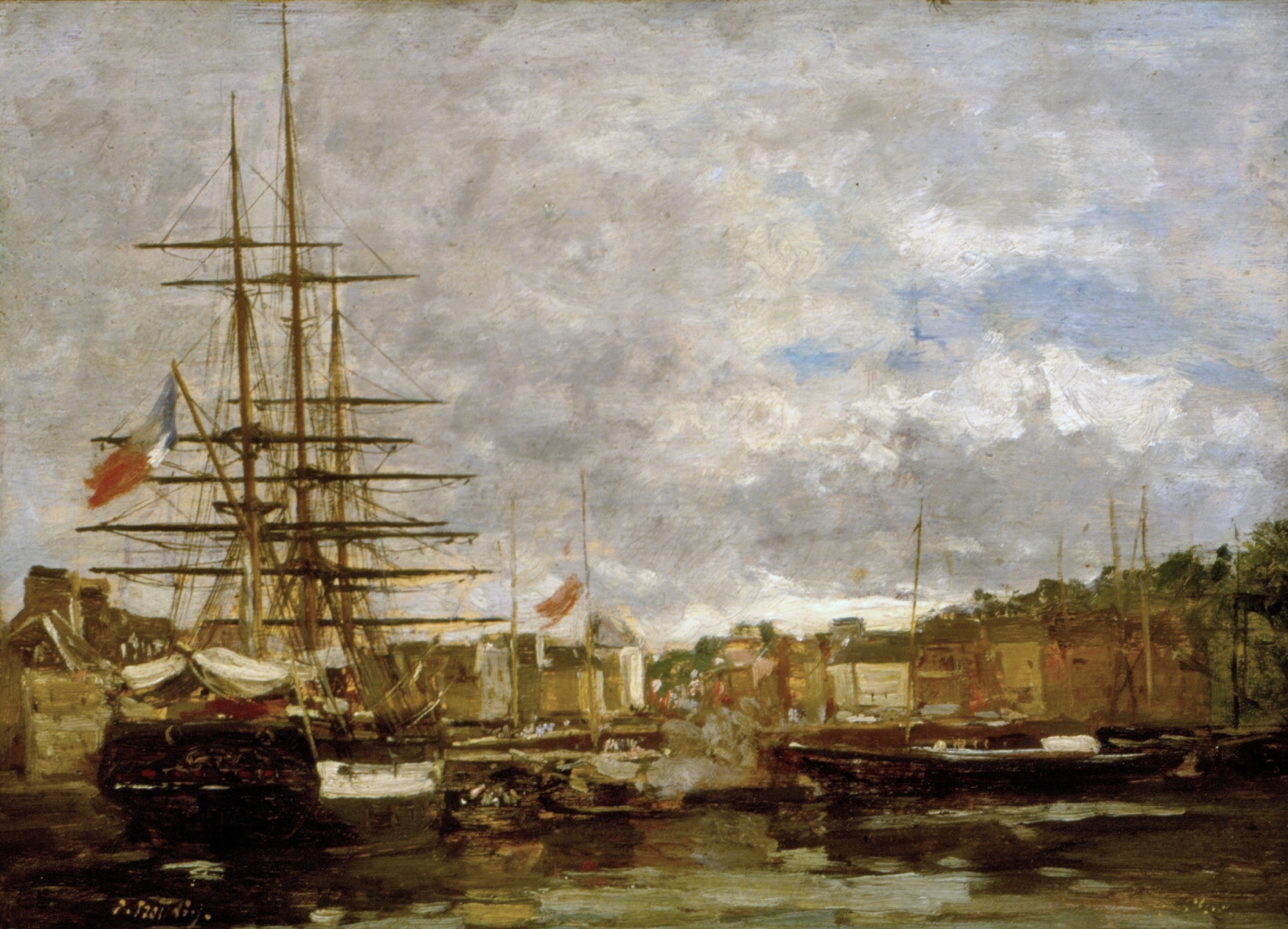 Reproduction du tableau « Honfleur - Navires amarrés dans le port - Eugène Boudin » par Alpha Reproduction en peinture à l’huile